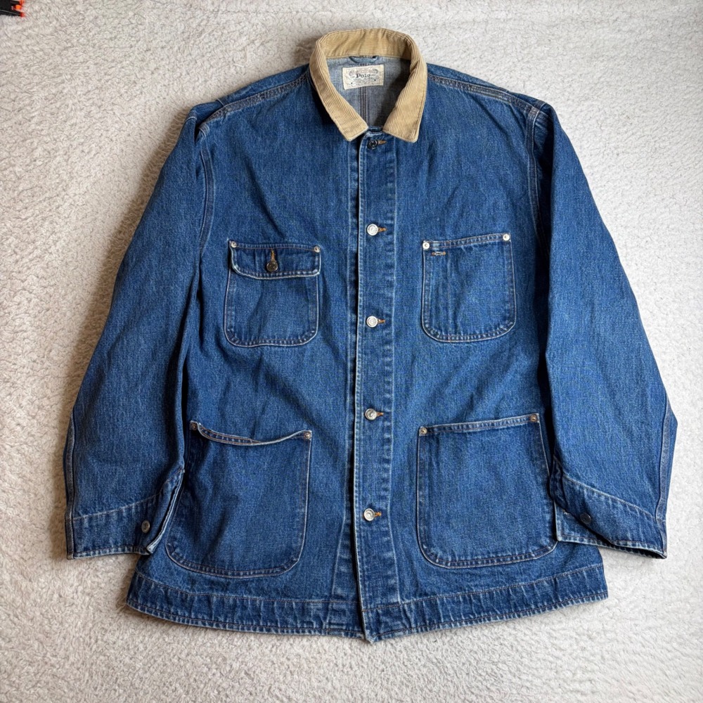 Vintage Polo Ralph Lauren Denim Chore Coat Made in USA Corduroy Collar Large